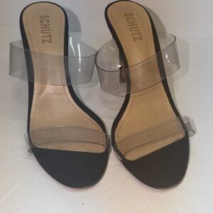 SCHUTZ Womens Shoes Heel Slide Sandals  Transparent Strap Black Size 8.5B